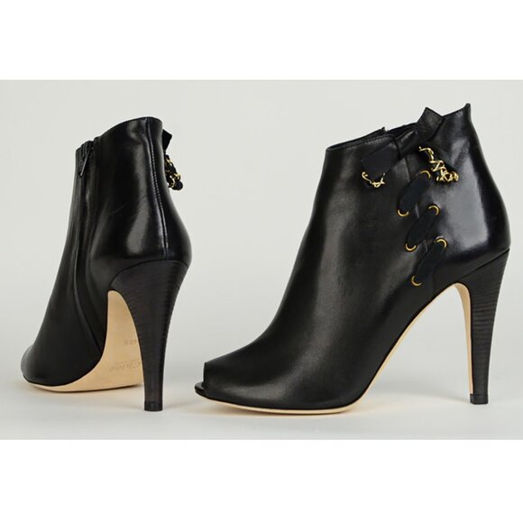 CHLOE ANKLE BOOTS LEATHER CHAIN BOW OPEN TOE LACEUP BOOTIES sz 40.5 10.5 - Picture 4 of 9